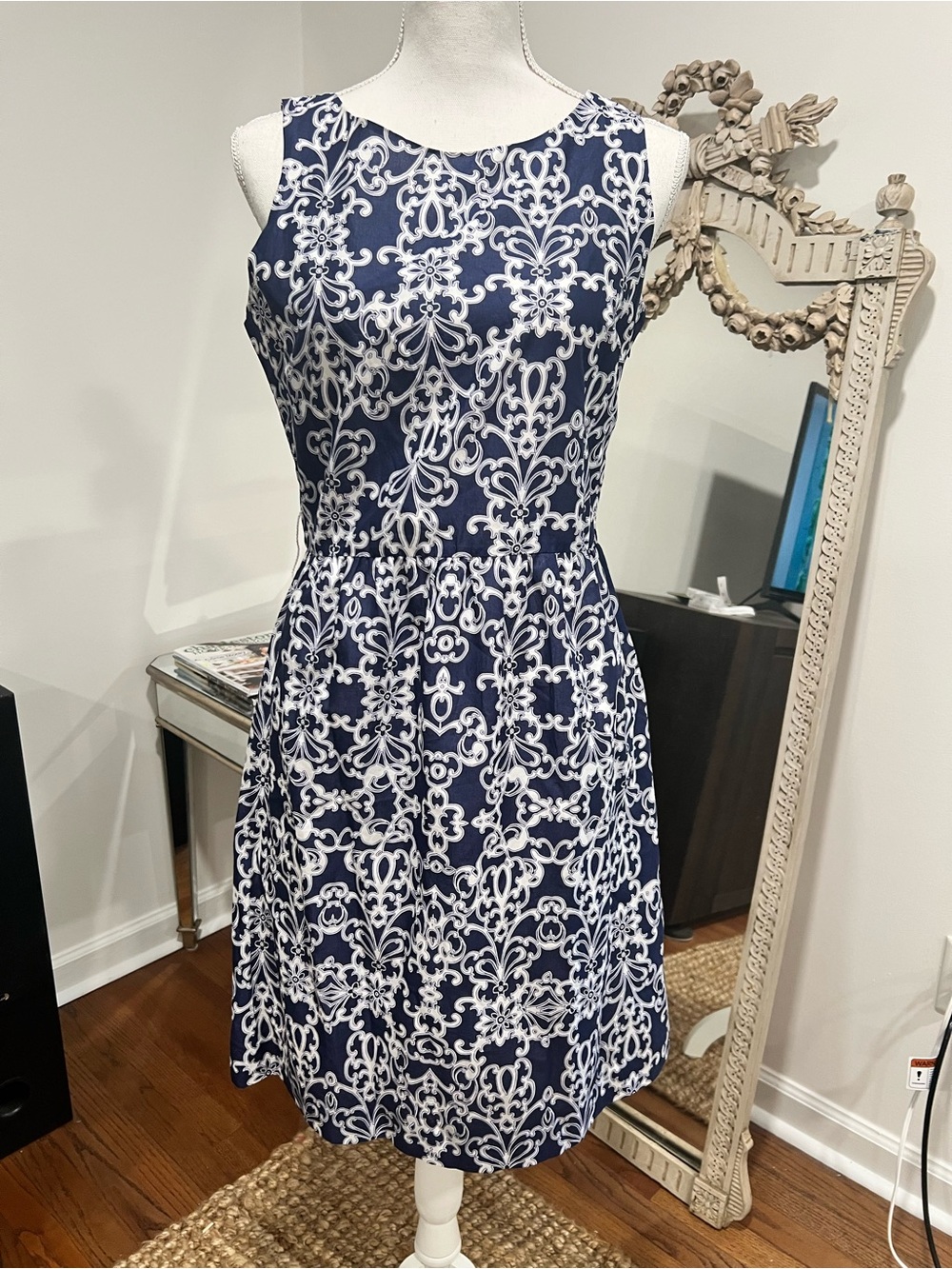 Garnet Hill Navy & White Sleeveless Dress